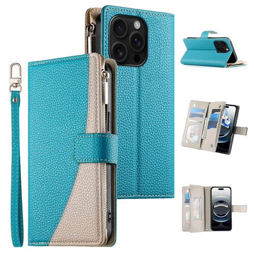 For iPhone 16 Pro Case Zipper Pocket Wallet Color Splicing Leather Flip Phone Cover with Straps - Lake Blue - 1