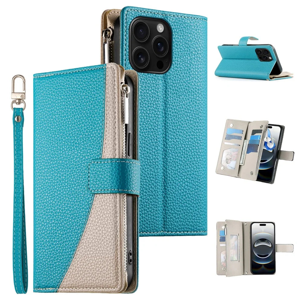 For iPhone 16 Pro Max Case Zipper Pocket Wallet Color Splicing Leather Flip Phone Cover with Straps - Lake Blue - 1