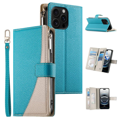 For iPhone 16 Pro Max Case Zipper Pocket Wallet Color Splicing Leather Flip Phone Cover with Straps - Lake Blue - 1