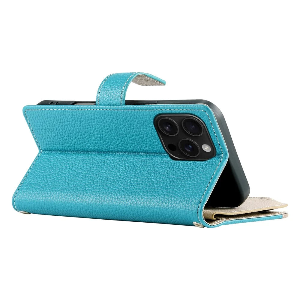 For iPhone 16 Pro Max Case Zipper Pocket Wallet Color Splicing Leather Flip Phone Cover with Straps - Lake Blue - 5