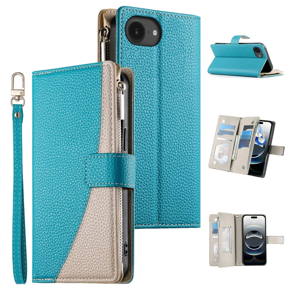 For iPhone 17e / 16e Case Zipper Pocket Wallet Color Splicing Leather Flip Phone Cover with Straps - Lake Blue - 1