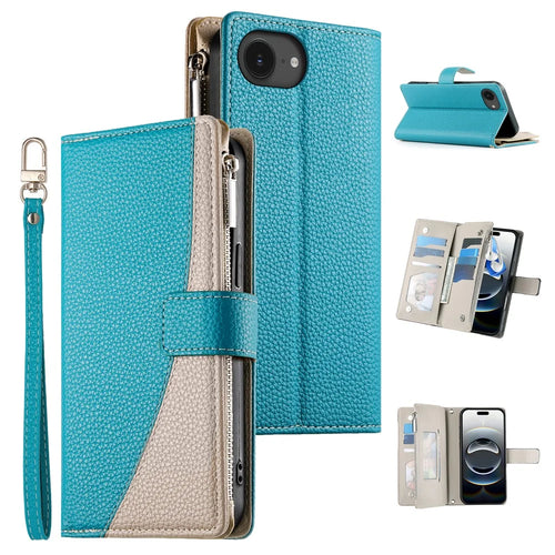 For iPhone 17e / 16e Case Zipper Pocket Wallet Color Splicing Leather Flip Phone Cover with Straps - Lake Blue - 1