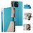 For iPhone 15 Case Zipper Pocket Wallet Color Splicing Leather Flip Phone Cover with Straps - Lake Blue - 1