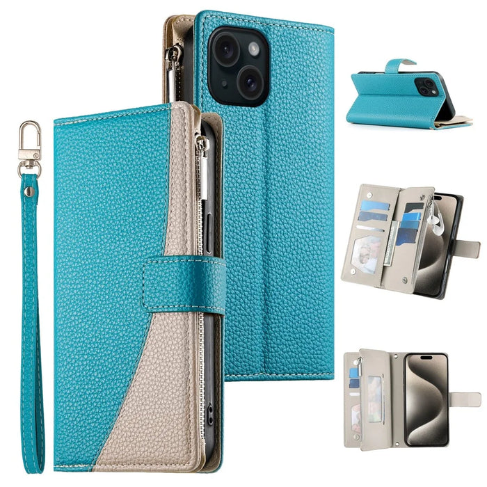 For iPhone 15 Case Zipper Pocket Wallet Color Splicing Leather Flip Phone Cover with Straps - Lake Blue - 1