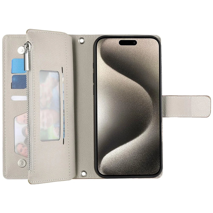 For iPhone 15 Case Zipper Pocket Wallet Color Splicing Leather Flip Phone Cover with Straps - Lake Blue - 2