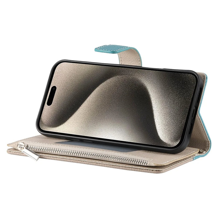 For iPhone 15 Case Zipper Pocket Wallet Color Splicing Leather Flip Phone Cover with Straps - Lake Blue - 3