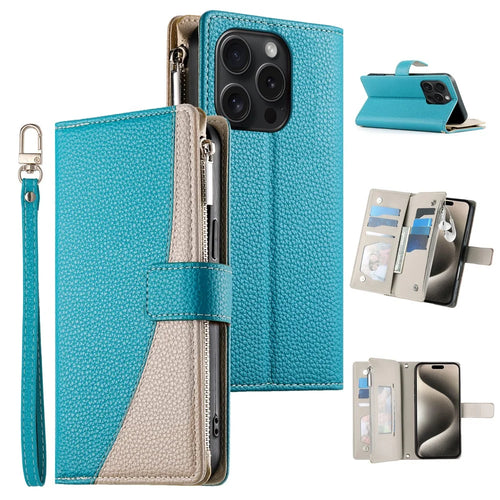 For iPhone 15 Pro Case Zipper Pocket Wallet Color Splicing Leather Flip Phone Cover with Straps - Lake Blue - 1