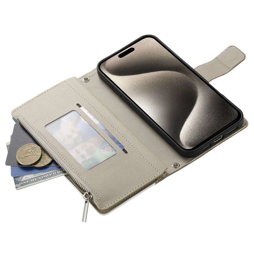 For iPhone 15 Pro Case Zipper Pocket Wallet Color Splicing Leather Flip Phone Cover with Straps - Lake Blue - 6