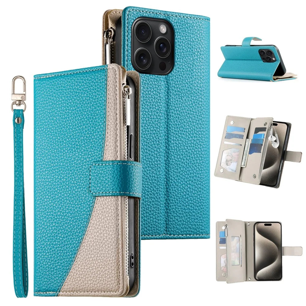 For iPhone 15 Pro Max Case Zipper Pocket Wallet Color Splicing Leather Flip Phone Cover with Straps - Lake Blue - 1