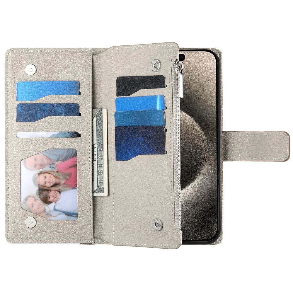 For iPhone 15 Pro Max Case Zipper Pocket Wallet Color Splicing Leather Flip Phone Cover with Straps - Lake Blue - 3