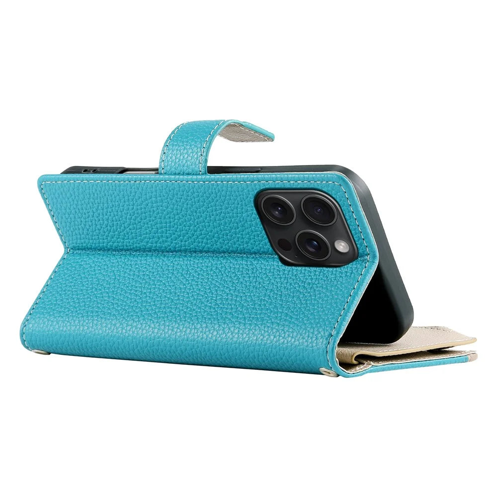 For iPhone 15 Pro Max Case Zipper Pocket Wallet Color Splicing Leather Flip Phone Cover with Straps - Lake Blue - 7