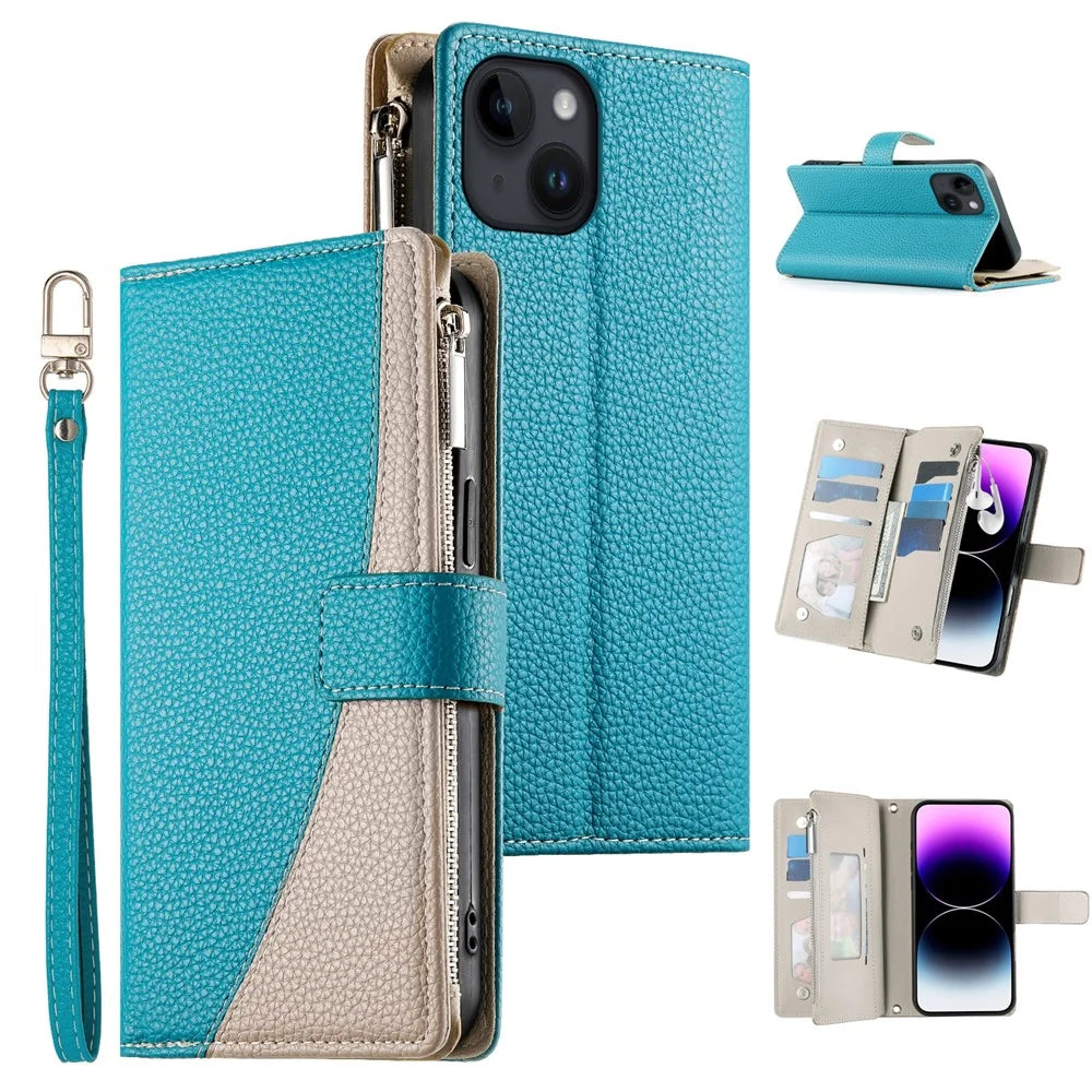 For iPhone 14  /  13 Case Zipper Pocket Wallet Color Splicing Leather Flip Phone Cover with Straps - Lake Blue - 1
