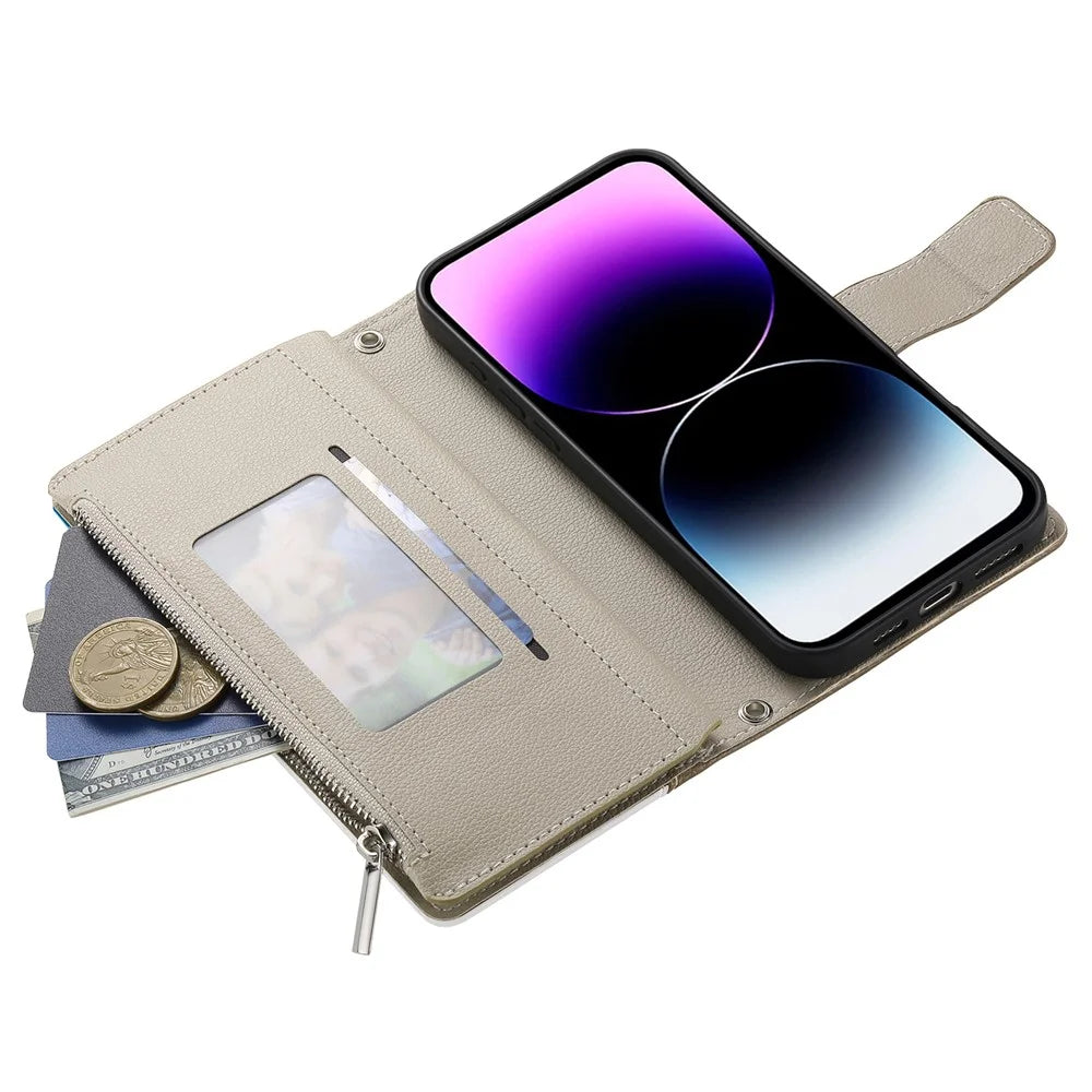 For iPhone 14  /  13 Case Zipper Pocket Wallet Color Splicing Leather Flip Phone Cover with Straps - Lake Blue - 6