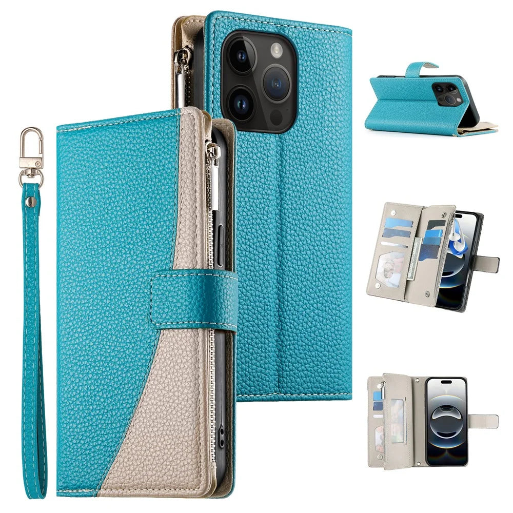 For iPhone 14 Pro Case Zipper Pocket Wallet Color Splicing Leather Flip Phone Cover with Straps - Lake Blue - 1