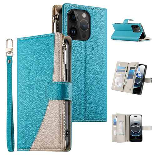For iPhone 14 Pro Case Zipper Pocket Wallet Color Splicing Leather Flip Phone Cover with Straps - Lake Blue - 1