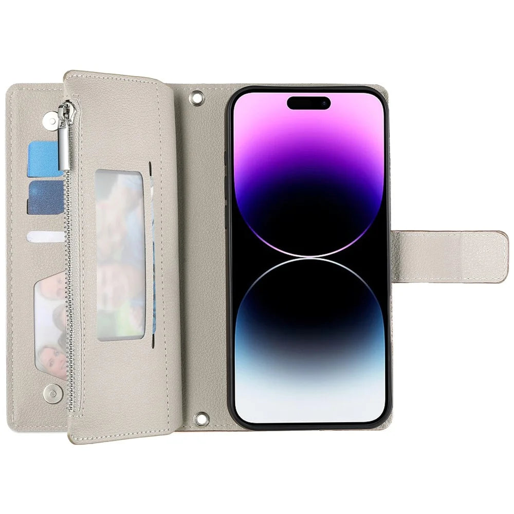For iPhone 14 Pro Case Zipper Pocket Wallet Color Splicing Leather Flip Phone Cover with Straps - Lake Blue - 2