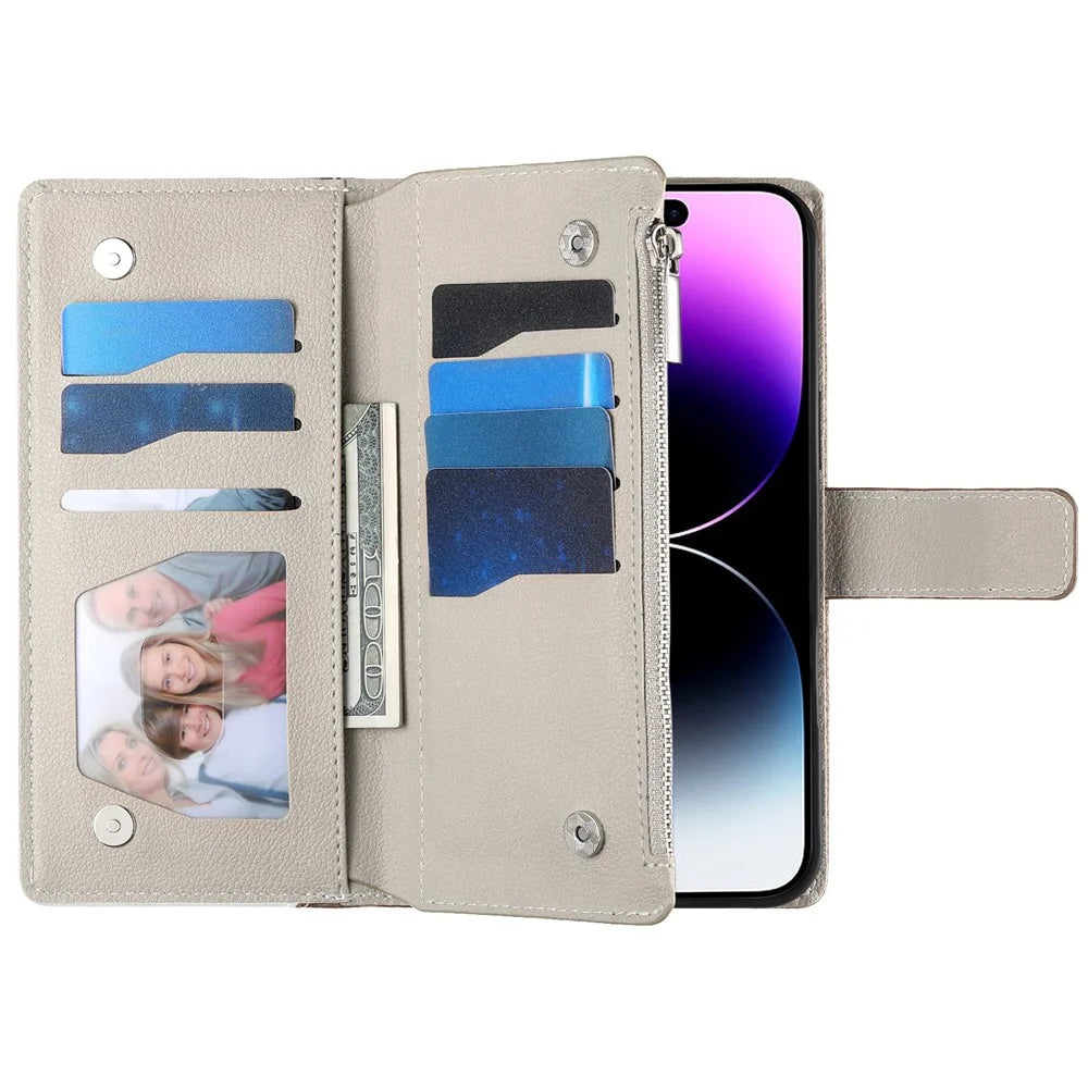 For iPhone 14 Pro Case Zipper Pocket Wallet Color Splicing Leather Flip Phone Cover with Straps - Lake Blue - 5
