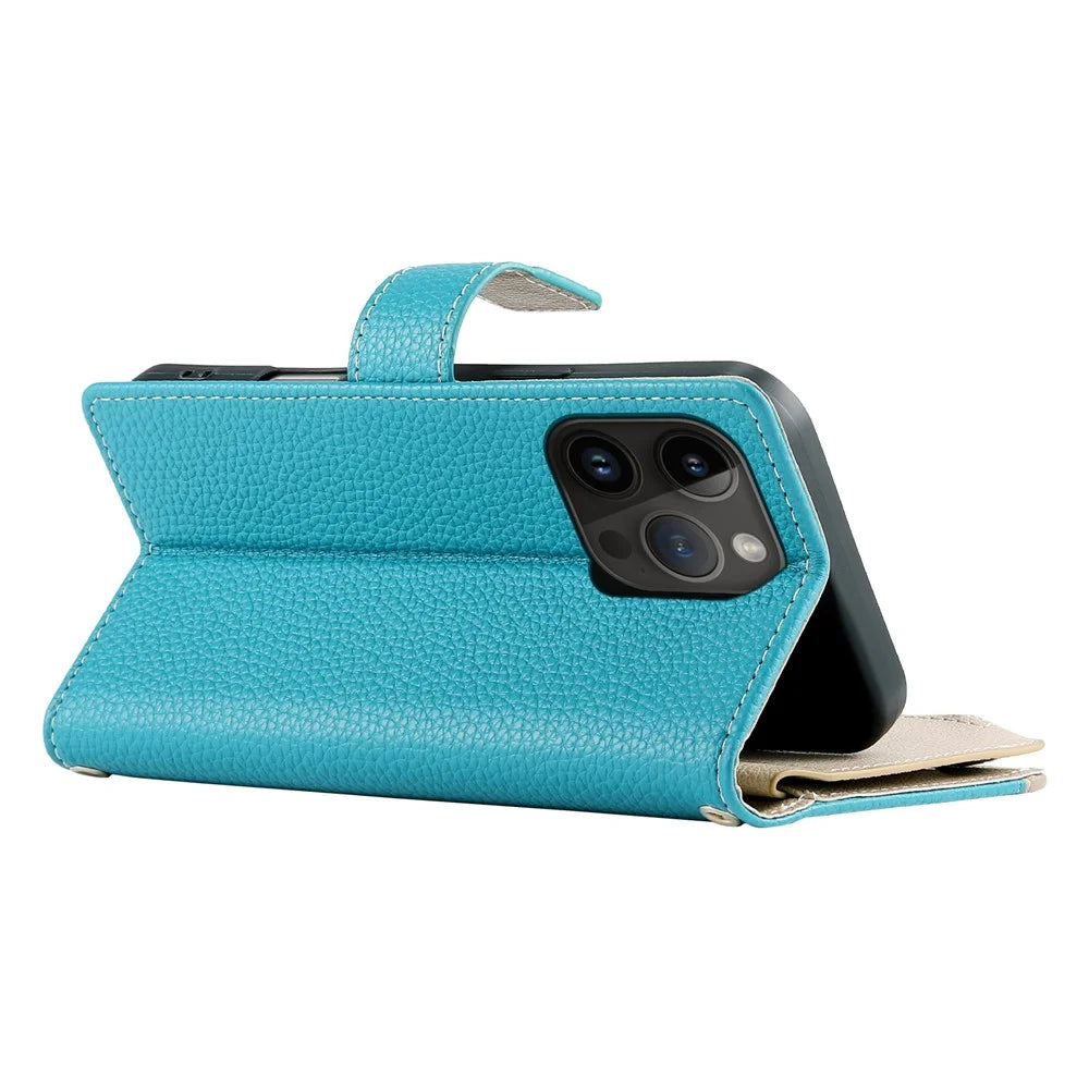 For iPhone 14 Pro Case Zipper Pocket Wallet Color Splicing Leather Flip Phone Cover with Straps - Lake Blue - 7