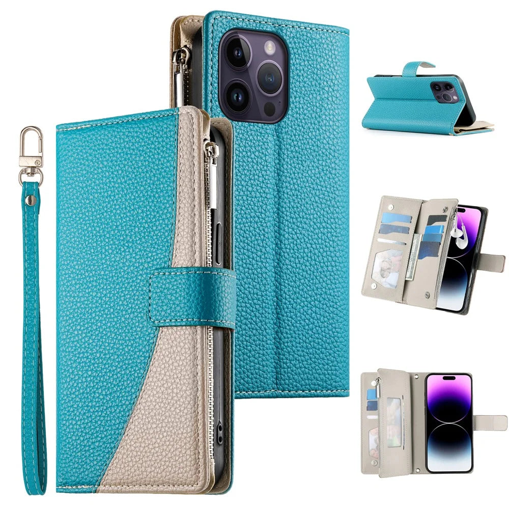 For iPhone 14 Pro Max Case Zipper Pocket Wallet Color Splicing Leather Flip Phone Cover with Straps - Lake Blue - 1