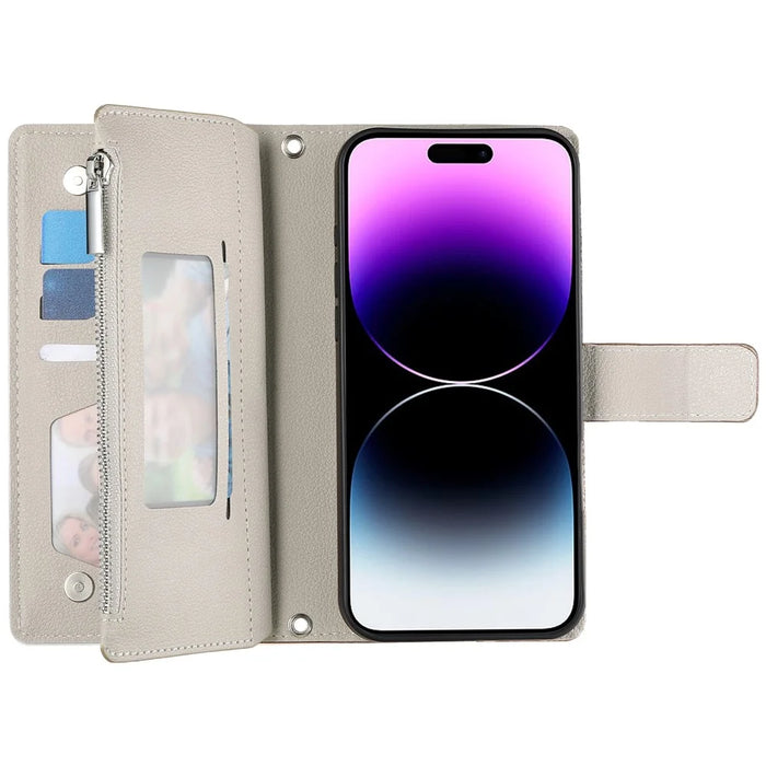 For iPhone 14 Pro Max Case Zipper Pocket Wallet Color Splicing Leather Flip Phone Cover with Straps - Lake Blue - 2