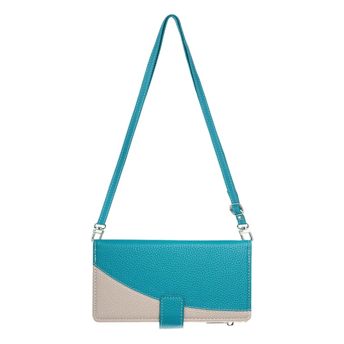 For iPhone 14 Pro Max Case Zipper Pocket Wallet Color Splicing Leather Flip Phone Cover with Straps - Lake Blue - 4