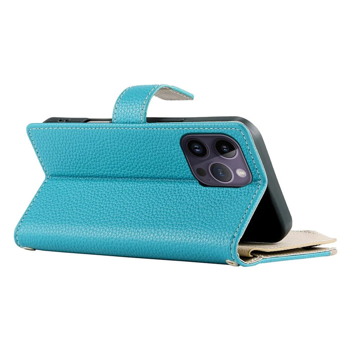 For iPhone 14 Pro Max Case Zipper Pocket Wallet Color Splicing Leather Flip Phone Cover with Straps - Lake Blue - 7