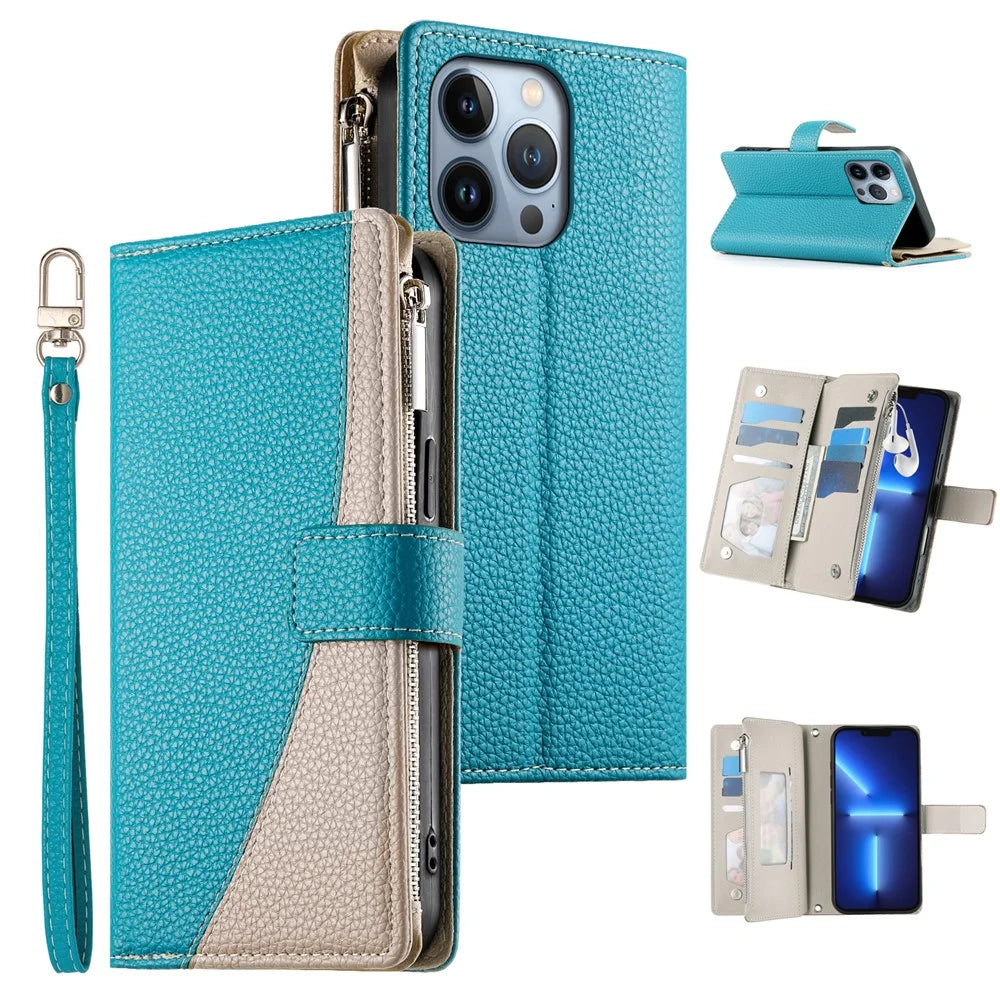 For iPhone 13 Pro Case Zipper Pocket Wallet Color Splicing Leather Flip Phone Cover with Straps - Lake Blue - 1