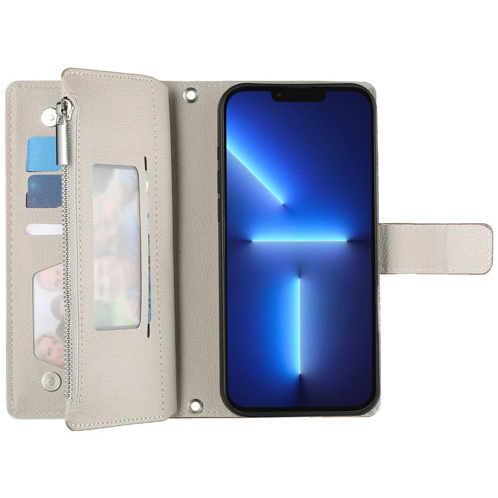 For iPhone 13 Pro Case Zipper Pocket Wallet Color Splicing Leather Flip Phone Cover with Straps - Lake Blue - 2