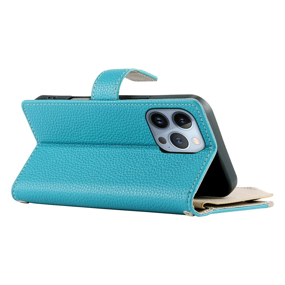 For iPhone 13 Pro Case Zipper Pocket Wallet Color Splicing Leather Flip Phone Cover with Straps - Lake Blue - 7