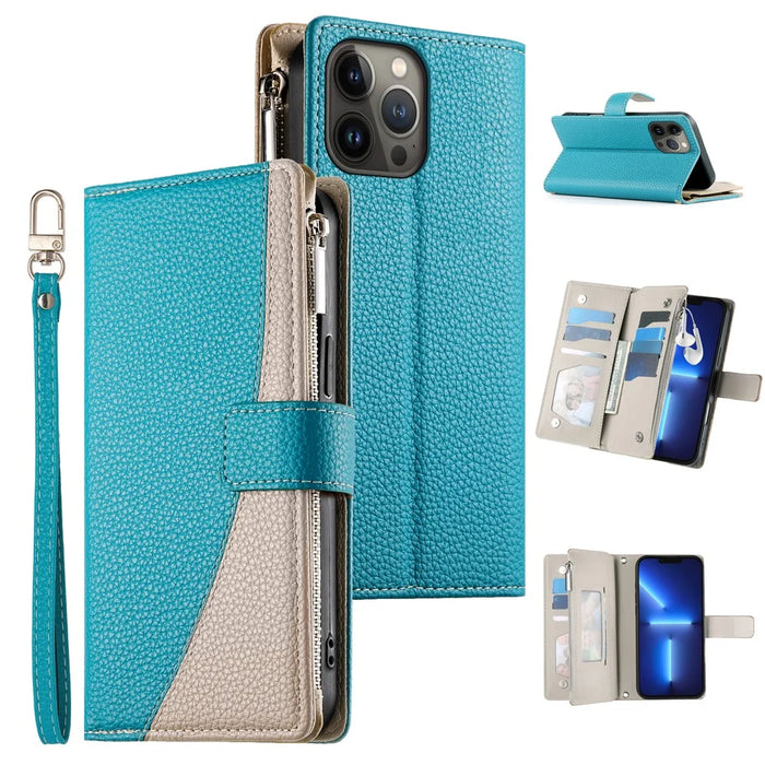 For iPhone 13 Pro Max Case Zipper Pocket Wallet Color Splicing Leather Flip Phone Cover with Straps - Lake Blue - 1