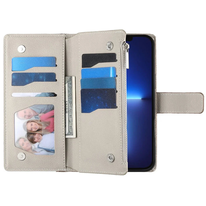 For iPhone 13 Pro Max Case Zipper Pocket Wallet Color Splicing Leather Flip Phone Cover with Straps - Lake Blue - 5