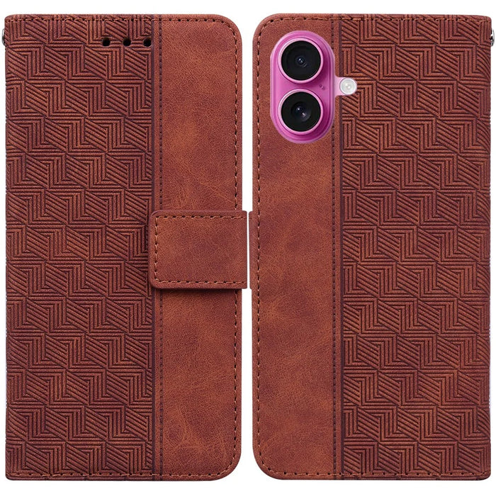 For iPhone 17 Case Geometry Pattern Leather Wallet Phone Cover with Wrist Strap - Brown - 1