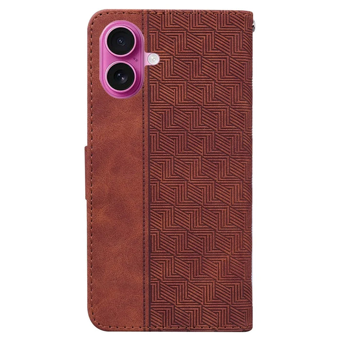 For iPhone 17 Case Geometry Pattern Leather Wallet Phone Cover with Wrist Strap - Brown - 7