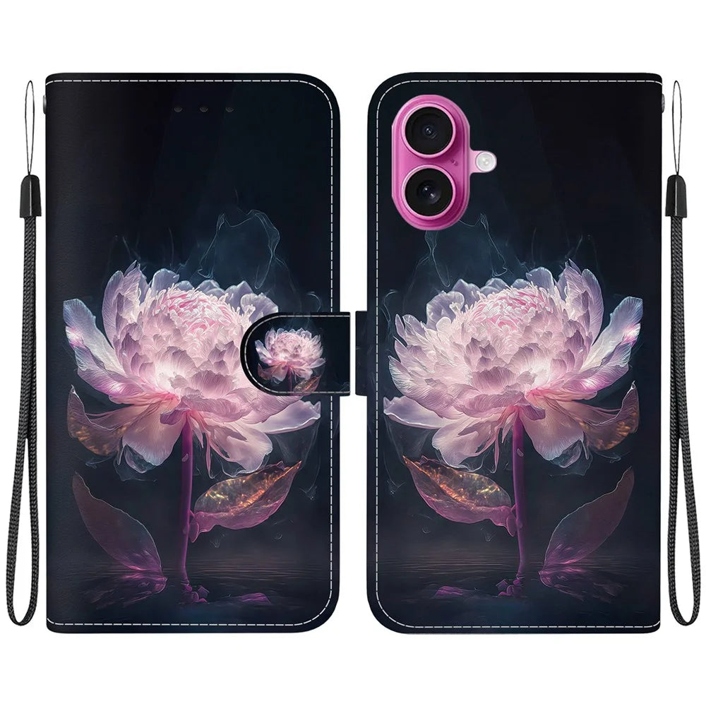 For iPhone 17 Wallet Phone Case Anti-Drop Leather Flip Cover Pattern Printing with Strap - Purple Peony - 1