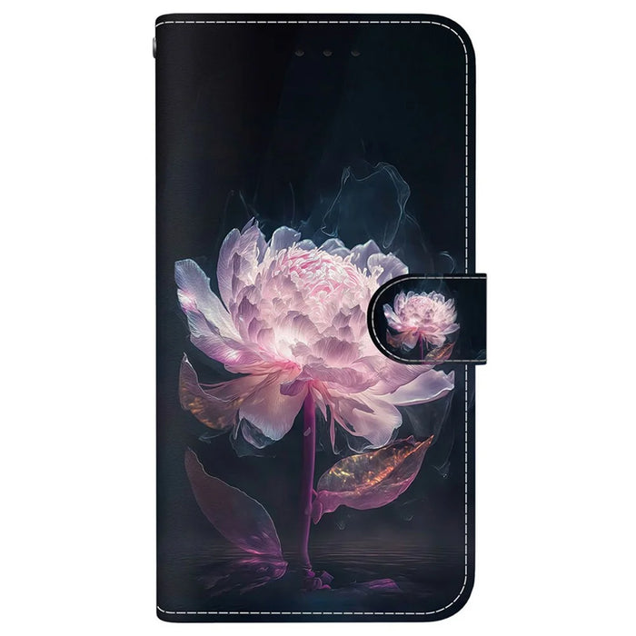For iPhone 17 Wallet Phone Case Anti-Drop Leather Flip Cover Pattern Printing with Strap - Purple Peony - 7