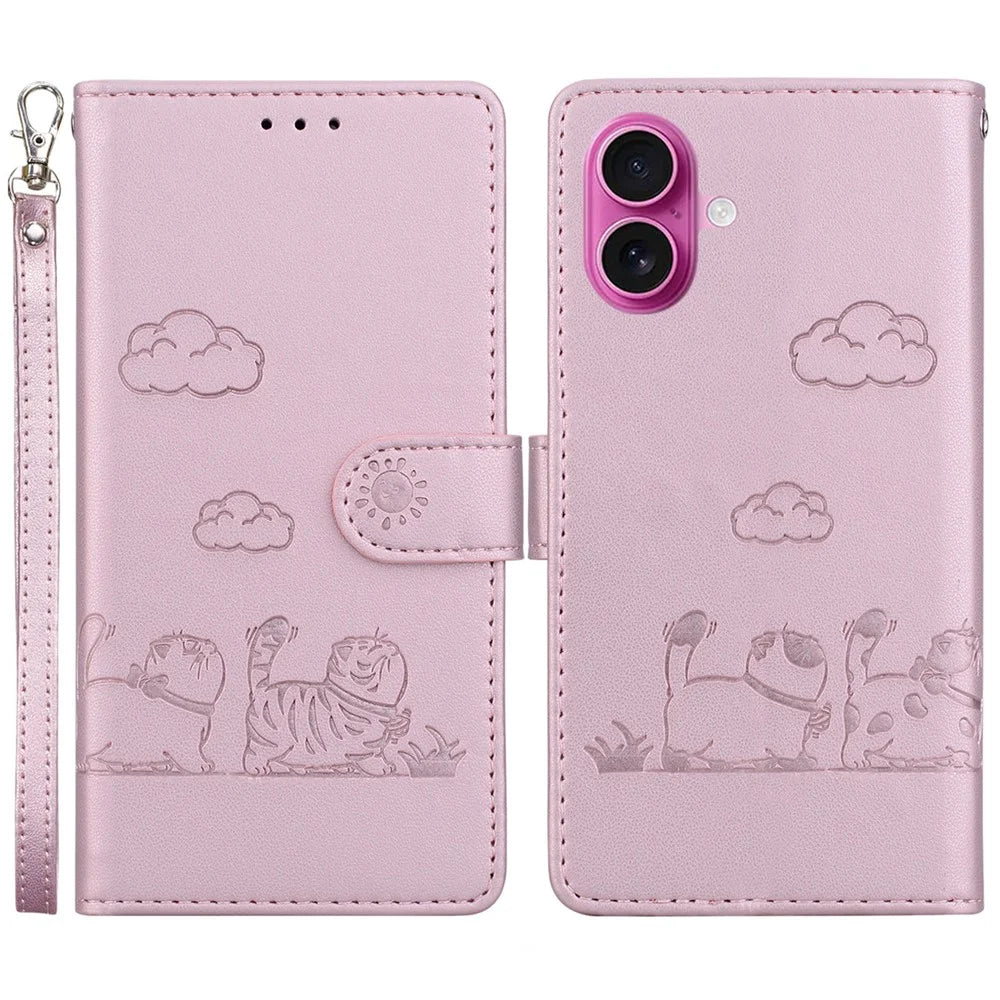 For iPhone 17 Case RFID Blocking Kitten Pattern TPU + PU Leather Phone Cover with Strap - Pink - 1