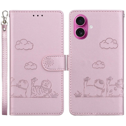 For iPhone 17 Case RFID Blocking Kitten Pattern TPU + PU Leather Phone Cover with Strap - Pink - 1