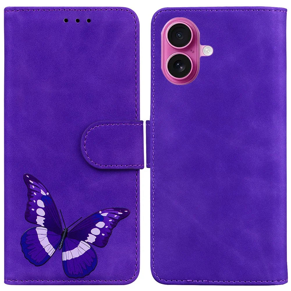 For iPhone 17 Stand Case PU Leather Phone Cover Butterfly Printed - Purple - 1