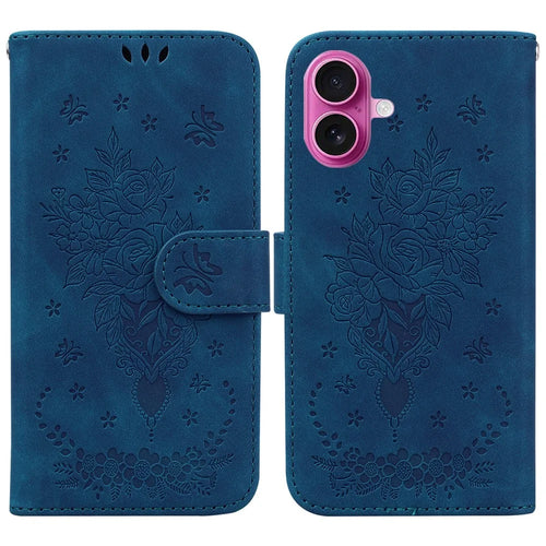 For iPhone 17 Case PU Leather Wallet Phone Cover Butterfly Flower Imprint with Strap - Blue - 1