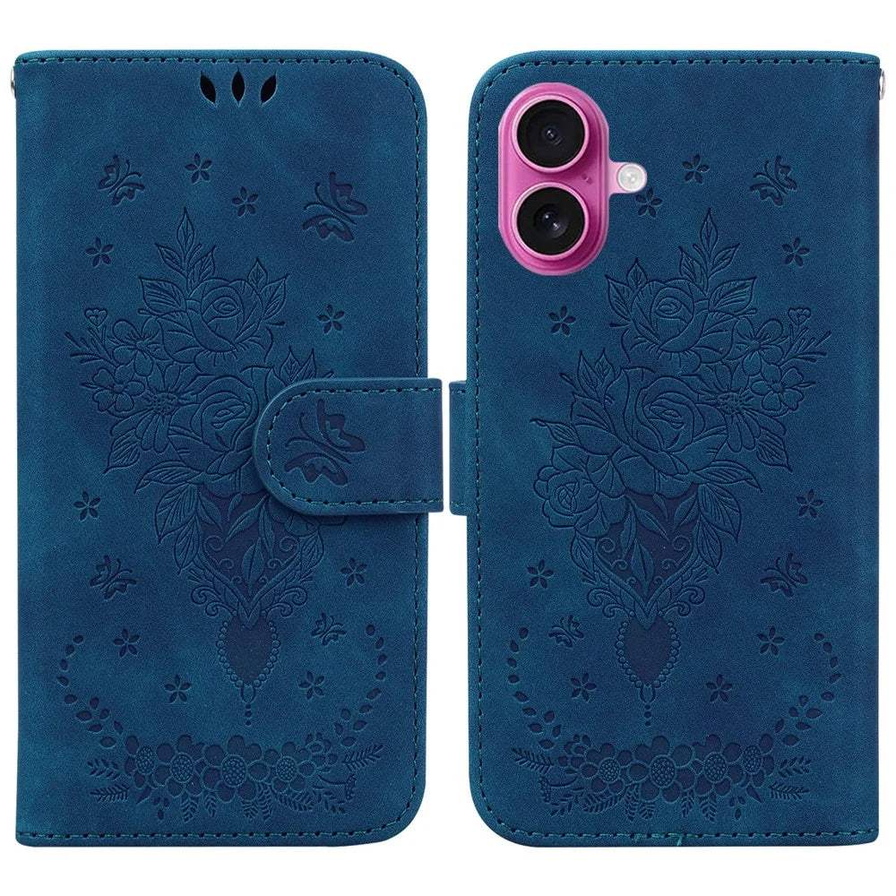 For iPhone 17 Case PU Leather Wallet Phone Cover Butterfly Flower Imprint with Strap - Blue - 1