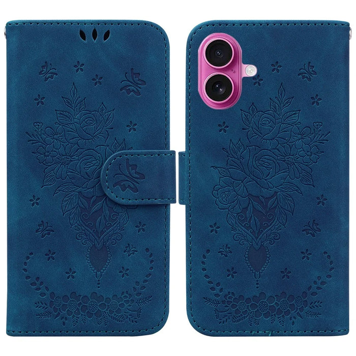 For iPhone 17 Case PU Leather Wallet Phone Cover Butterfly Flower Imprint with Strap - Blue - 1