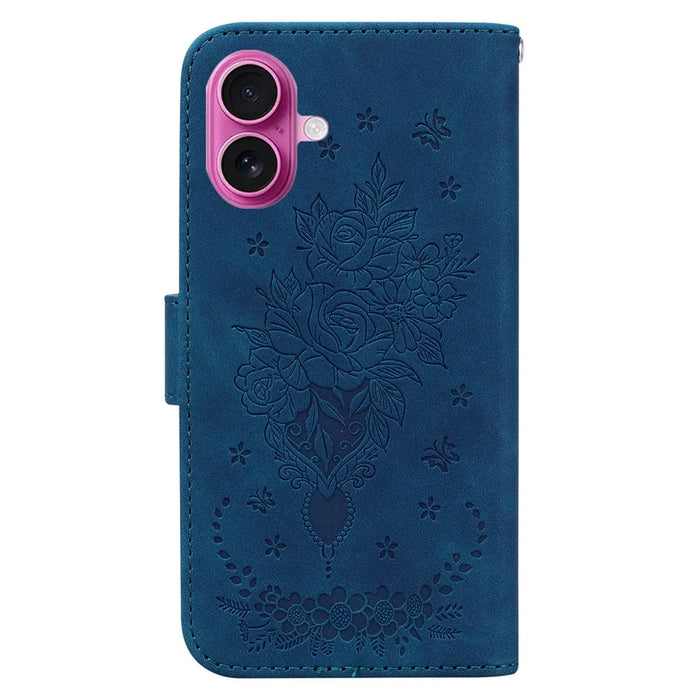 For iPhone 17 Case PU Leather Wallet Phone Cover Butterfly Flower Imprint with Strap - Blue - 7