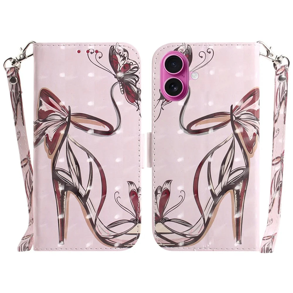 For iPhone 17 Case Pattern Printing Leather Wallet Phone Cover with Wrist Strap - Butterfly High Heels - 1