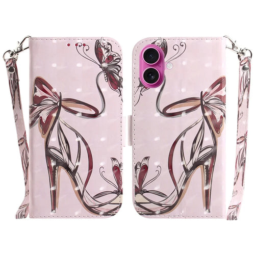 For iPhone 17 Case Pattern Printing Leather Wallet Phone Cover with Wrist Strap - Butterfly High Heels - 1