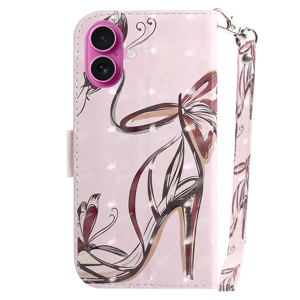 For iPhone 17 Case Pattern Printing Leather Wallet Phone Cover with Wrist Strap - Butterfly High Heels - 7