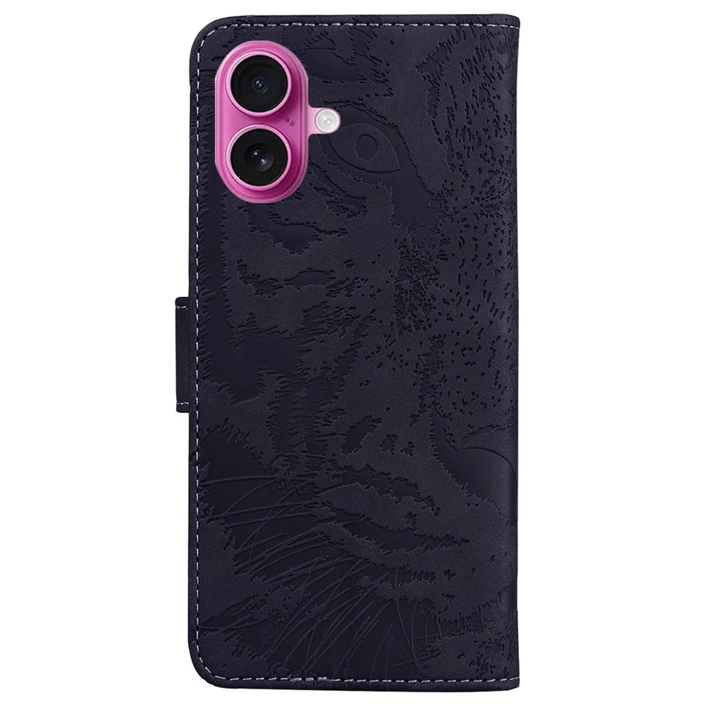 For iPhone 17 Case Tiger Imprint Leather Wallet Phone Cover - Black - 7