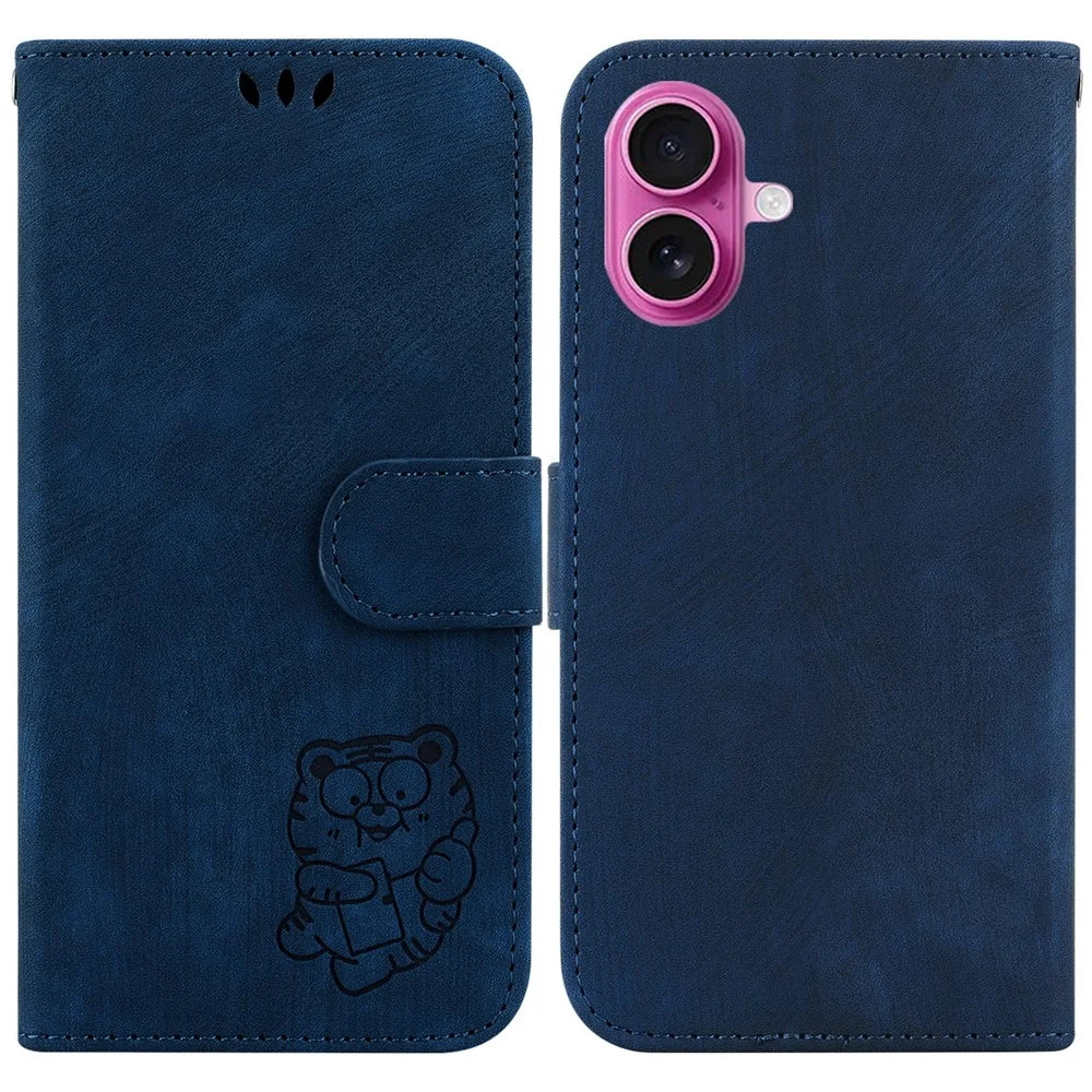 For iPhone 17 Wallet Case Tiger Imprint Leather Shockproof Phone Cover with Wrist Strap - Dark Blue - 1
