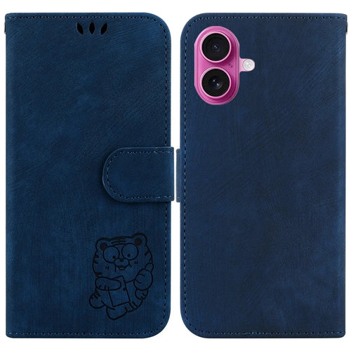 For iPhone 17 Wallet Case Tiger Imprint Leather Shockproof Phone Cover with Wrist Strap - Dark Blue - 1