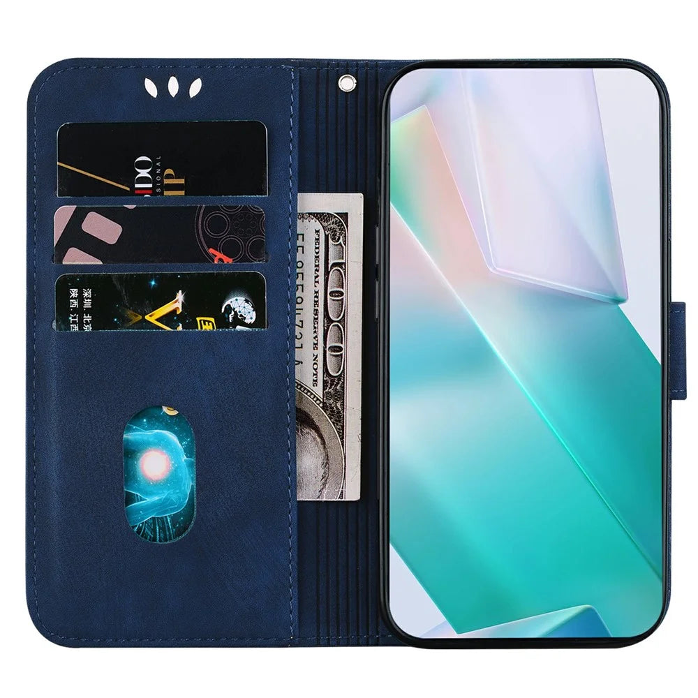 For iPhone 17 Wallet Case Tiger Imprint Leather Shockproof Phone Cover with Wrist Strap - Dark Blue - 2