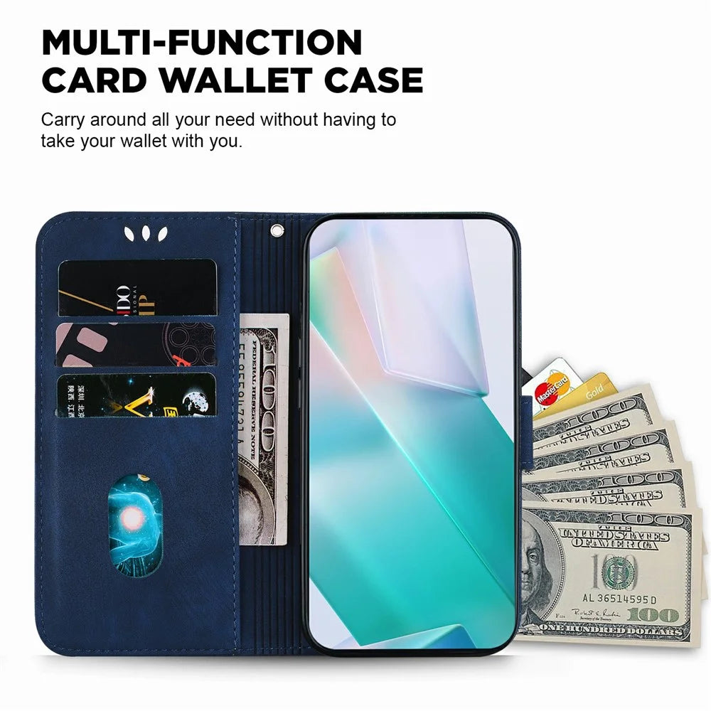 For iPhone 17 Wallet Case Tiger Imprint Leather Shockproof Phone Cover with Wrist Strap - Dark Blue - 5